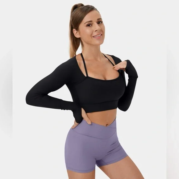 Halara Black Long Sleeve Crop Top Bra - Picture 1 of 11